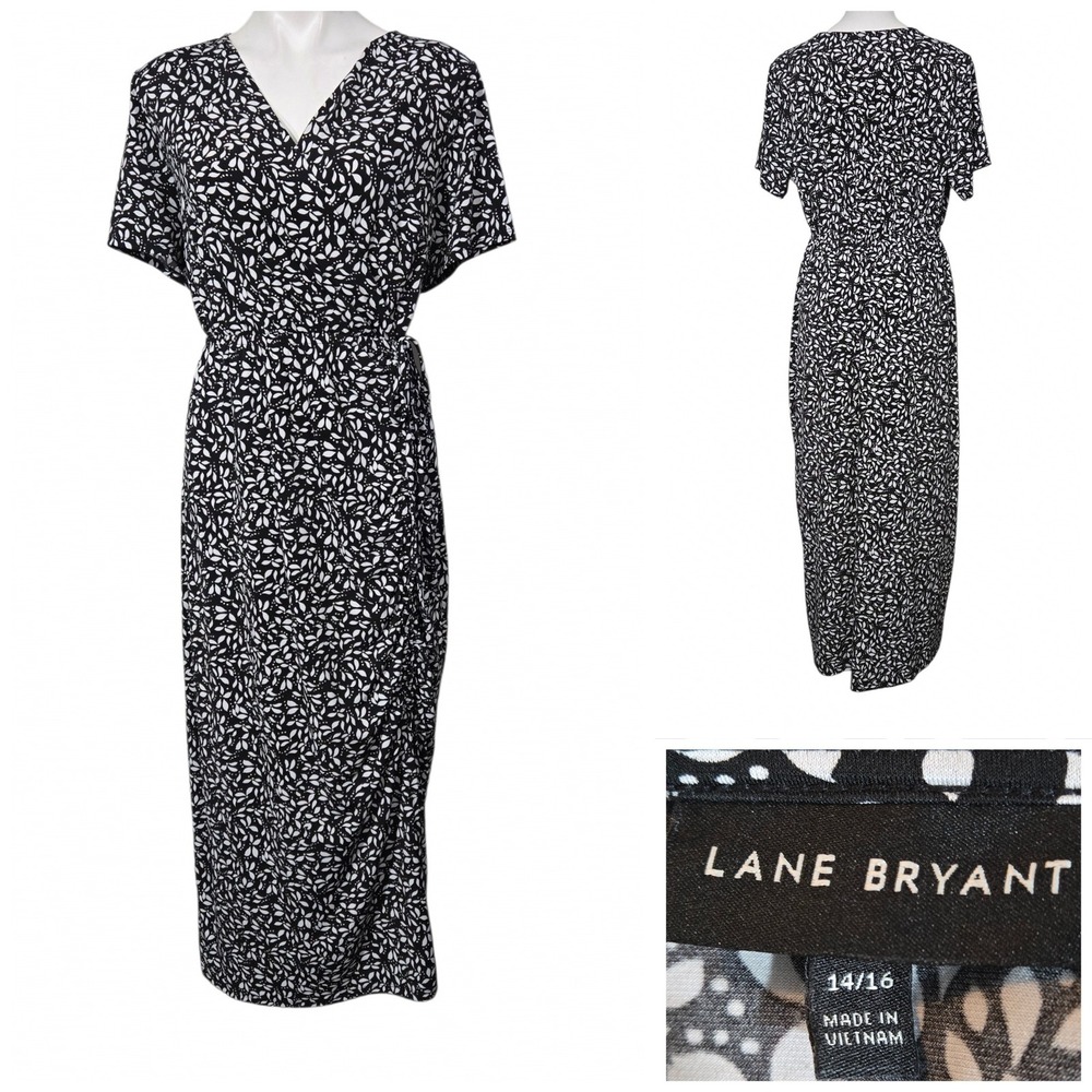 Lane Bryant dress 14/16 Black/White floral Faux Wrap Midi/maxi Short Sleeve